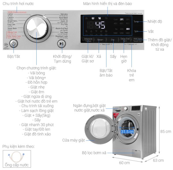 Máy giặt sấy LG giặt 9 kg - sấy 5 kg FV1409G4V AI DD Inverter