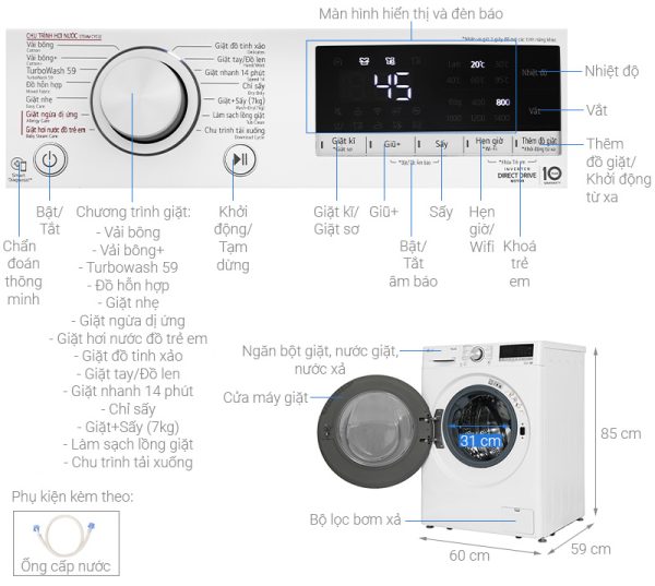Máy giặt sấy LG giặt 11 kg - sấy 7 kg FV1411D4W AI DD Inverter