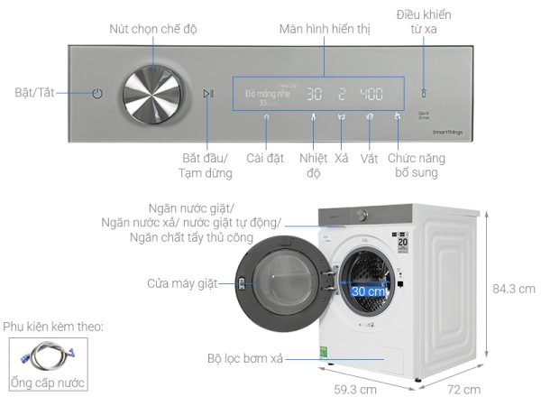 Máy giặt sấy Samsung giặt 12 kg - sấy 8 kg WD12BB944DGHSV Bespoke AI Inverter