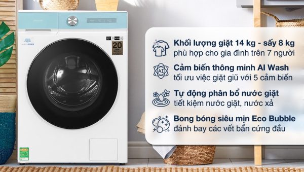 Máy giặt sấy Samsung giặt 14 kg - sấy 8 kg WD14BB944DGMSV Bespoke AI Inverter