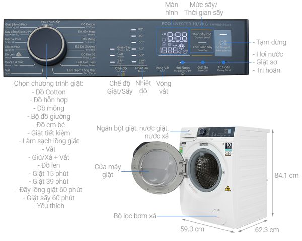 Máy giặt sấy Electrolux giặt 10 kg - sấy 7 kg EWW1024P5WB UltimateCare 500 Inverter