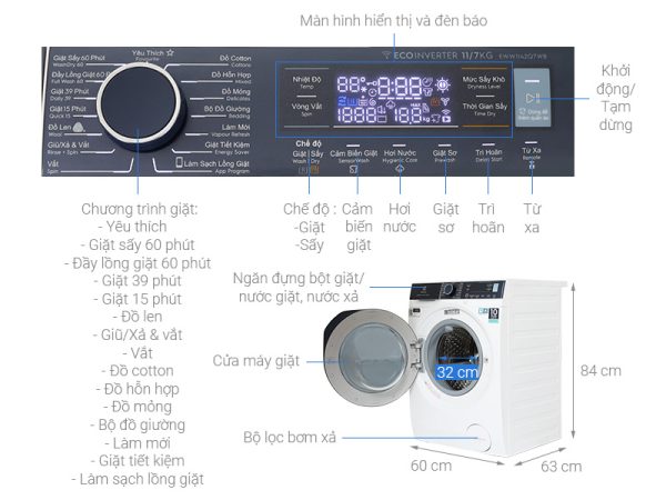 Máy giặt sấy Electrolux giặt 11 kg - sấy 7 kg EWW1142Q7WB  UltimateCare 700 Inverter