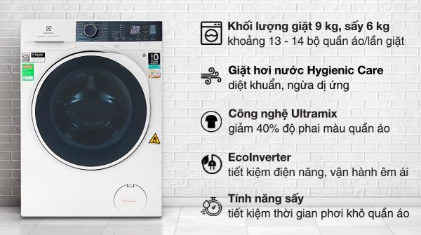 Máy giặt sấy Electrolux giặt 9 kg - sấy 6 kg EWW9024P5WB UltimateCare 500 Inverter