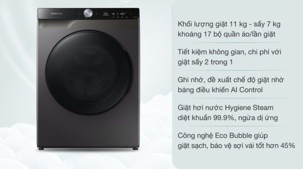 Máy giặt sấy Samsung giặt 11 kg - sấy 7 kg WD11T734DBXSV AI Ecobubble Inverter