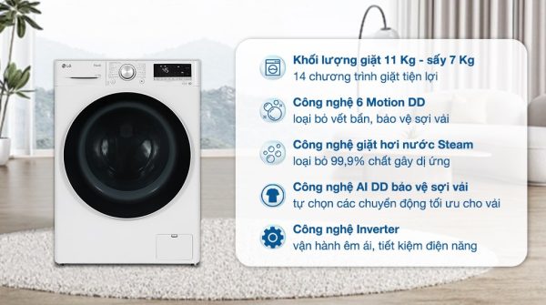 Máy giặt sấy LG giặt 11 kg - sấy 7 kg FV1411D4W AI DD Inverter