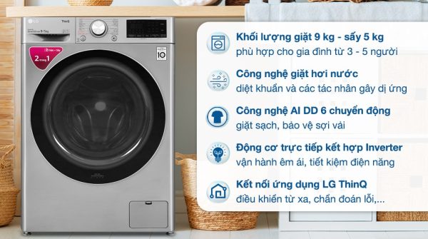 Máy giặt sấy LG giặt 9 kg - sấy 5 kg FV1409G4V AI DD Inverter