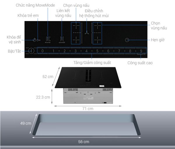 Bếp từ 4 vùng nấu lắp âm tích hợp hút mùi Bosch PVQ731F15E
