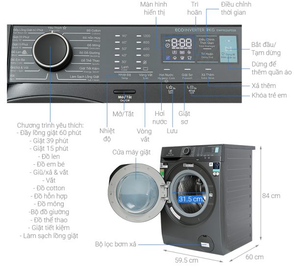 Máy giặt Electrolux 9 kg EWF9024P5SB UltimateCare 500 Inverter