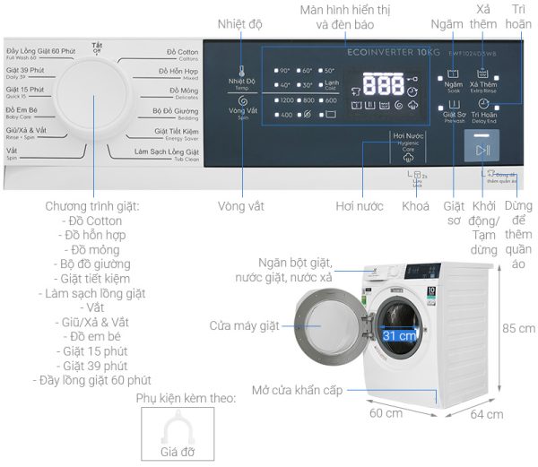 Máy giặt Electrolux 10 kg EWF1024D3WB UltimateCare 300 Inverter