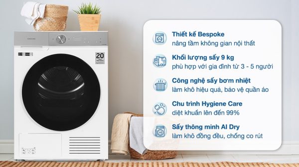 Máy sấy bơm nhiệt Samsung  9 kg DV90BB9440GHSV Bespoke AI