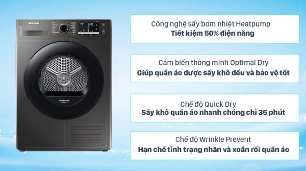 Máy sấy bơm nhiệt Samsung 9 kg DV90TA240AXSV