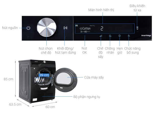 Máy sấy bơm nhiệt Samsung 9 Kg DV90T7240BBSV