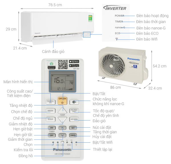 Điều hòa 2 chiều Panasonic Inverter CUCS-YZ12AKH-8 12000 BTU 2024
