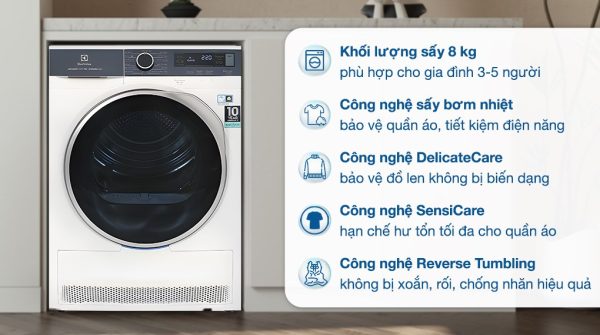Máy sấy bơm nhiệt Electrolux 8 kg EDH803Q7WB UltimateCare