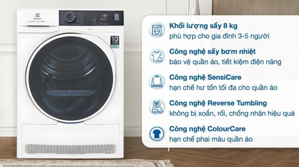 Máy sấy bơm nhiệt Electrolux 8 kg EDH804H5WB UltimateCare